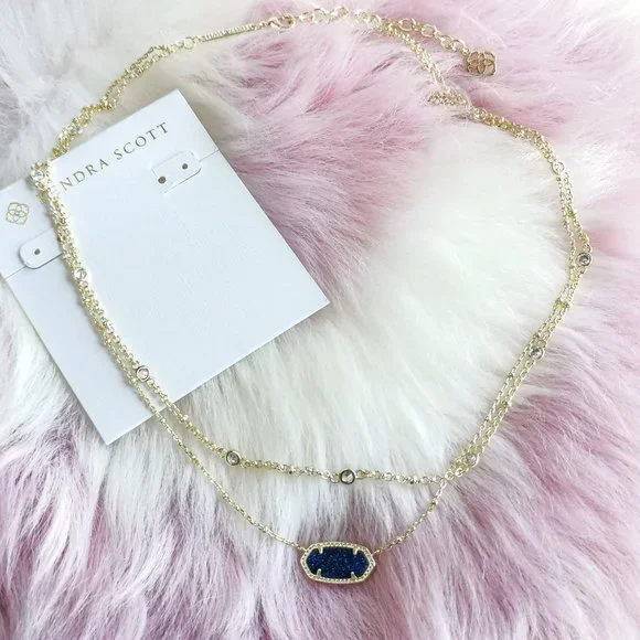 Gold Elisa Indigo Blue Drusy Multi Strand Necklace - Picture 2 of 3